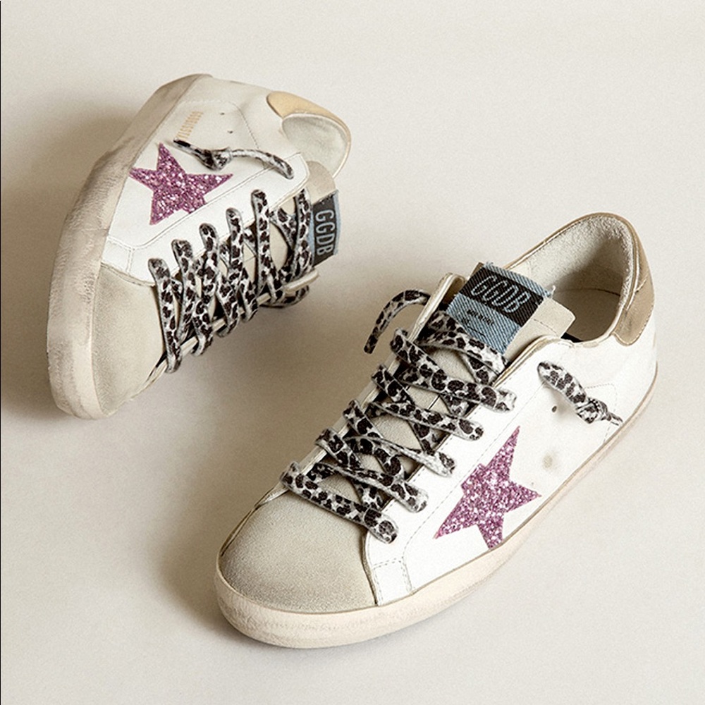 Super-Star Golden Goose Sneakers (Only worn once) w/ pink star & printed laces